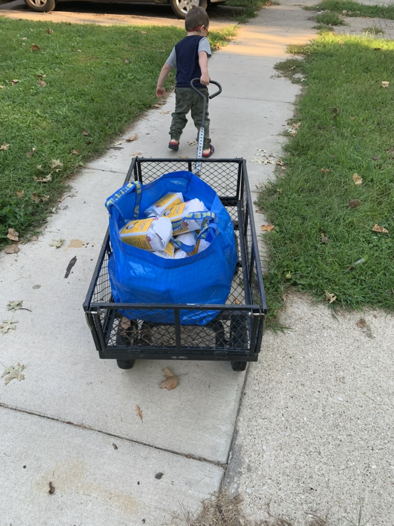 Child pulling yard wagon full of sugar bags